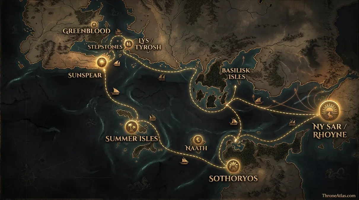 Nymeria Journey Map: Rhoyne to Dorne by Ten Thousand Ships illustrated hero map