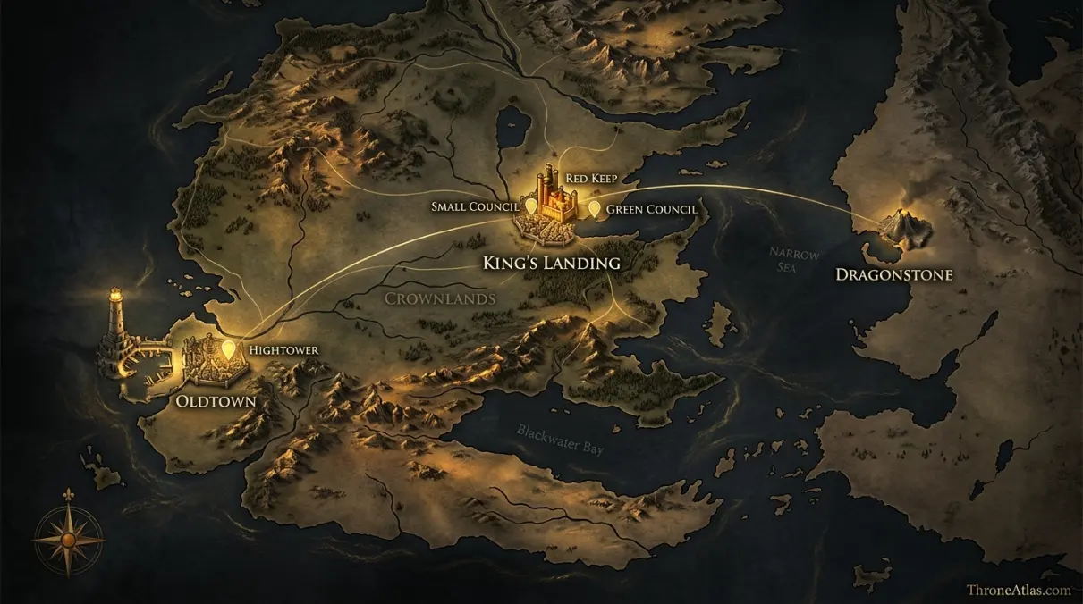 Otto Hightower Power Map: Oldtown, King&rsquo;s Landing & the Green Court illustrated hero map