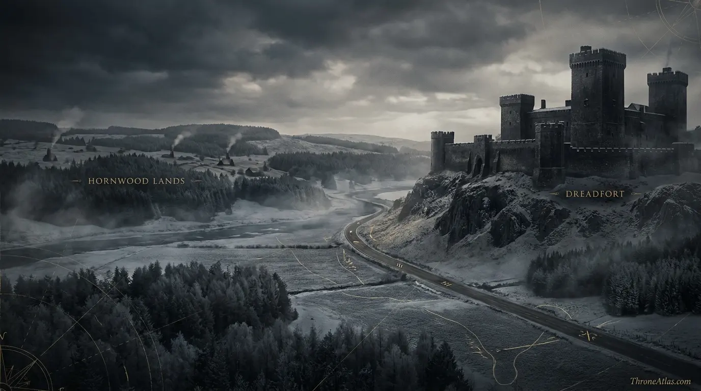 Ramsay Bolton journey map showing Dreadfort, Hornwood lands, Winterfell, Barrowton and Moat Cailin