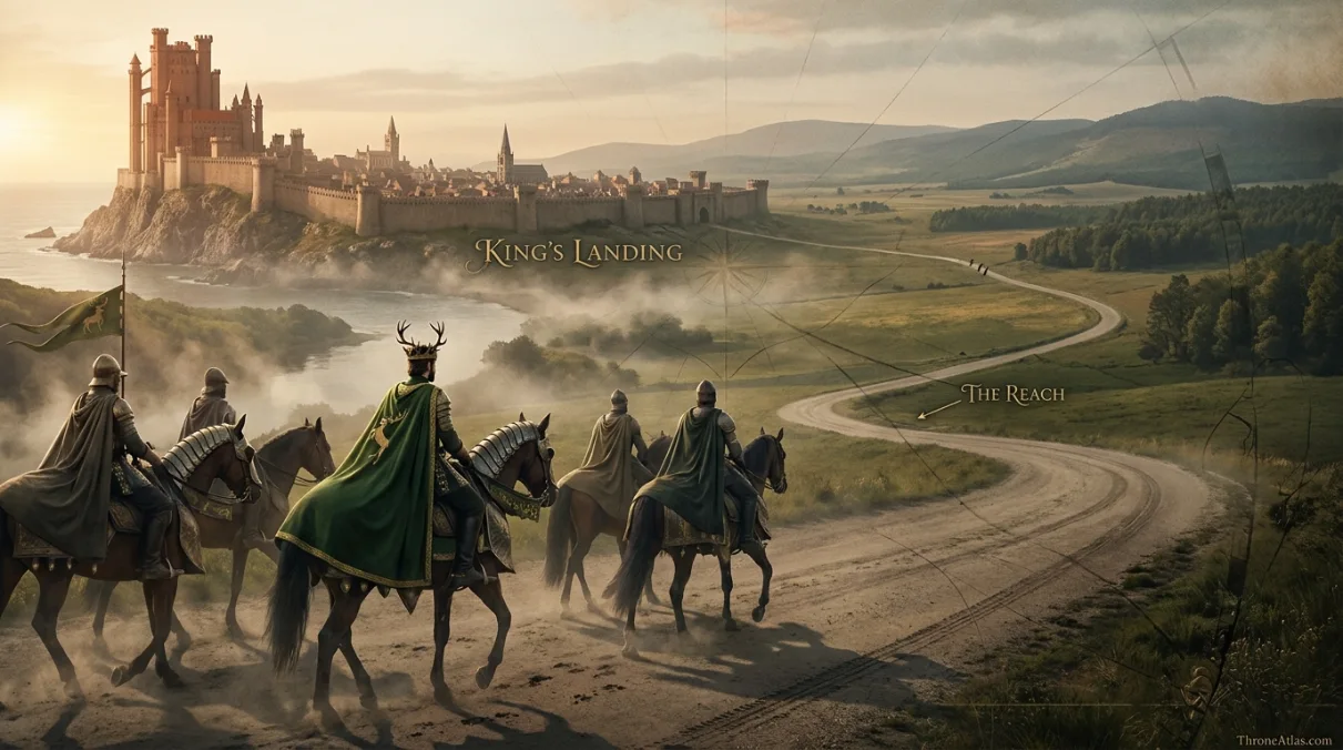 Renly Baratheon journey map from King&rsquo;s Landing through Highgarden and Bitterbridge to Storm&rsquo;s End