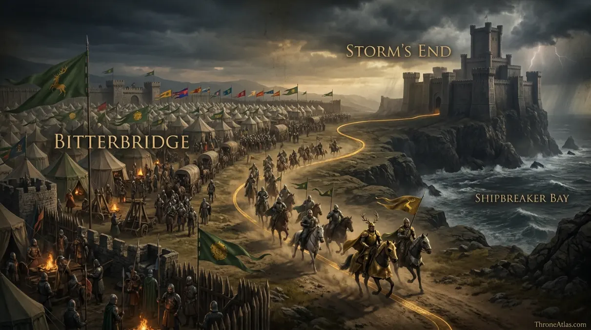 Renly Baratheon campaign geography showing Highgarden alliance, Bitterbridge camp and Storm&rsquo;s End confrontation