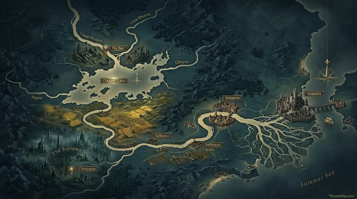 Rhoyne River Map overview showing major locations and surrounding geography