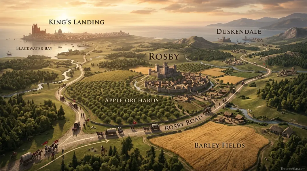 Detailed Rosby map with labeled landmarks routes and geographic relationships