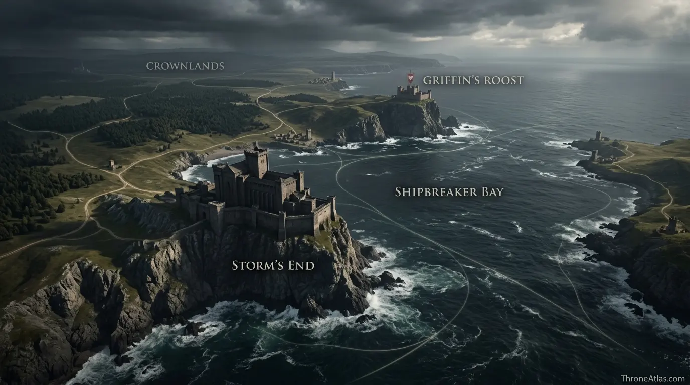 Stormlands map hero showing Storm’s End above Shipbreaker Bay with dark storm clouds over the southeastern coast of Westeros