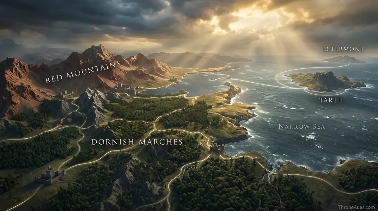 Stormlands geography showing rain-soaked forests, marcher roads, coastal cliffs and castles between the Crownlands, Reach and Dorne
