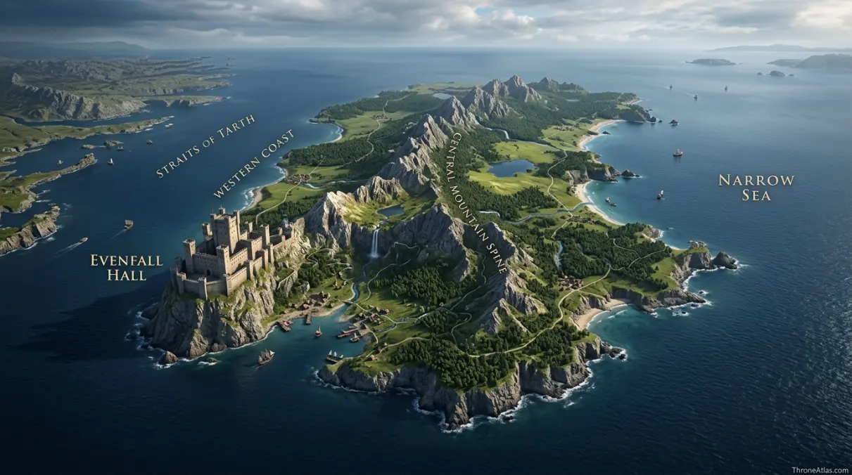 Tarth Map overview with major landmarks and surrounding geography