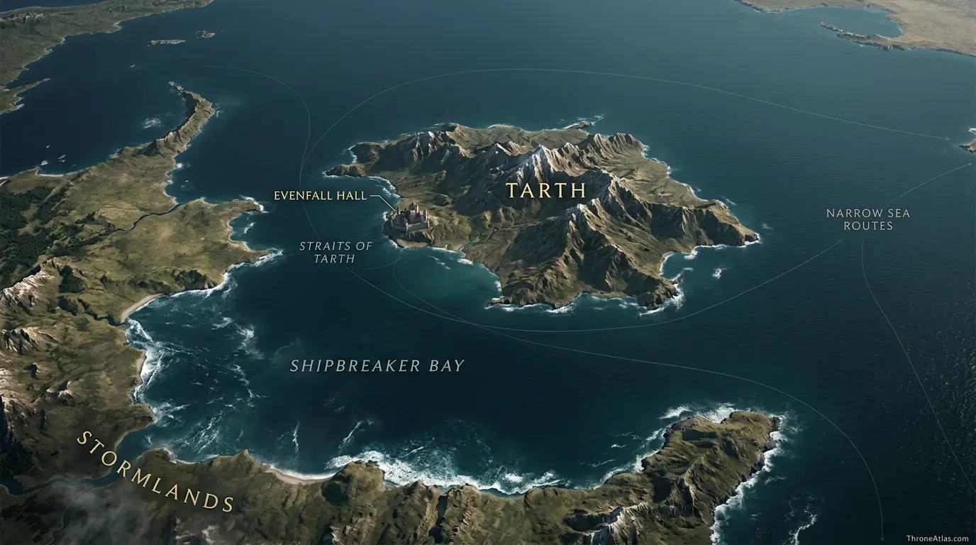 Tarth Map contextual view showing surrounding roads coasts terrain and neighboring locations