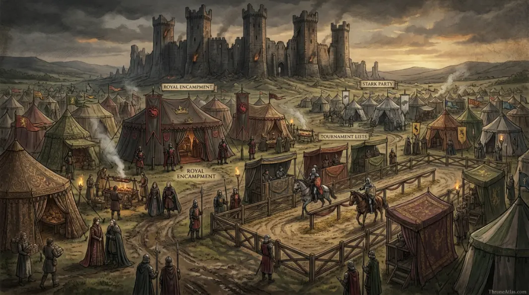 Detailed tourney at harrenhal map with labeled locations and route context