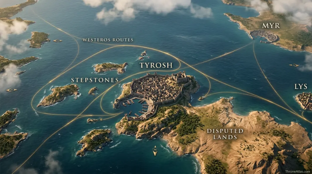 Tyrosh map hero showing the fortified island Free City near the Stepstones and Disputed Lands