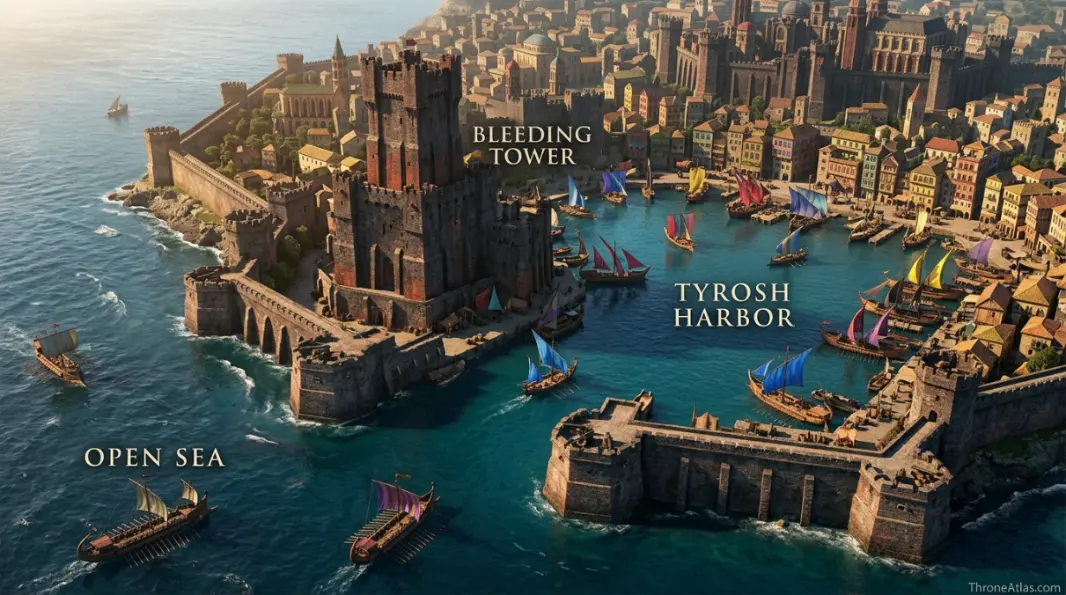 Tyrosh map labeling the harbor, Bleeding Tower, Stepstones, Disputed Lands, Lys and Myr