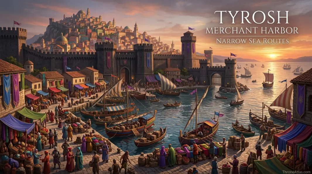 Tyroshi harbor scene with fortified walls, merchant ships and colorful Free City trade culture