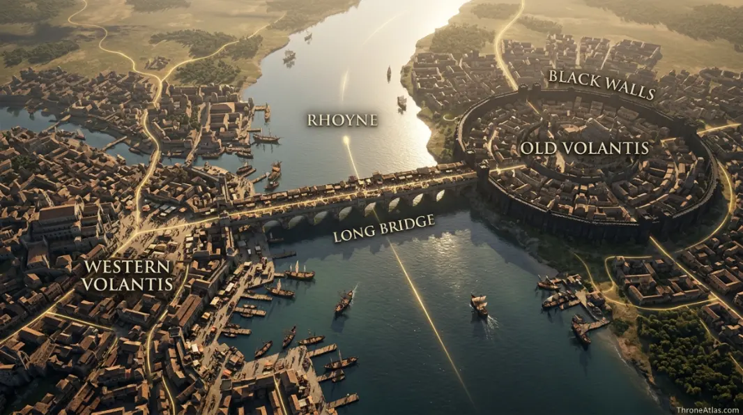 Volantis map hero showing the Free City spread across both banks of the Rhoyne with the Black Walls and Long Bridge