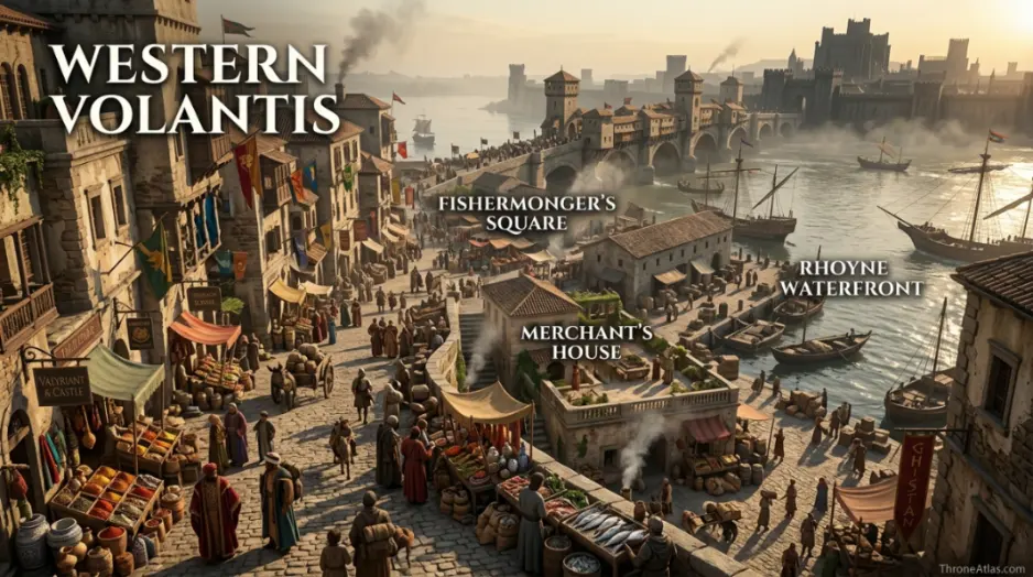 Volantis map labeling Black Walls, Long Bridge, Rhoyne, eastern districts, western waterfront and Temple of the Lord of Light
