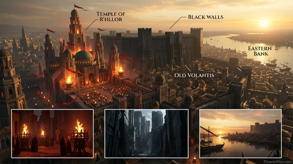 Volantis city scene with river traffic, crowded bridge shops and Valyrian black-stone architecture