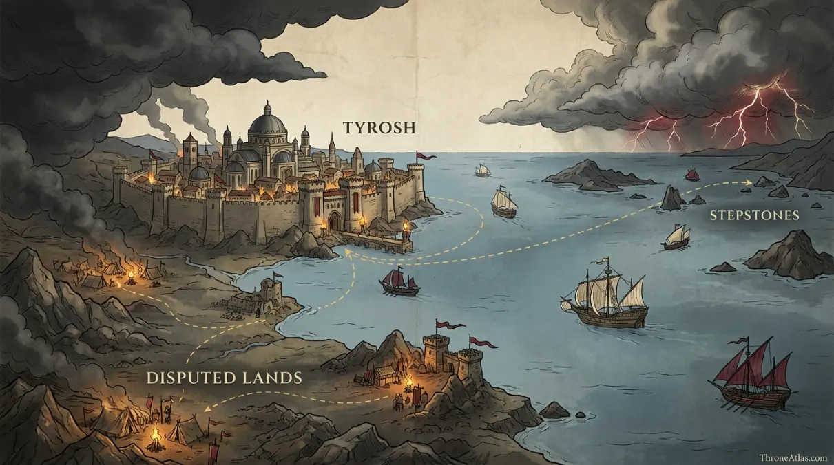 War of the Ninepenny Kings Map: Stepstones, Tyrosh & Maelys Blackfyre illustrated hero map