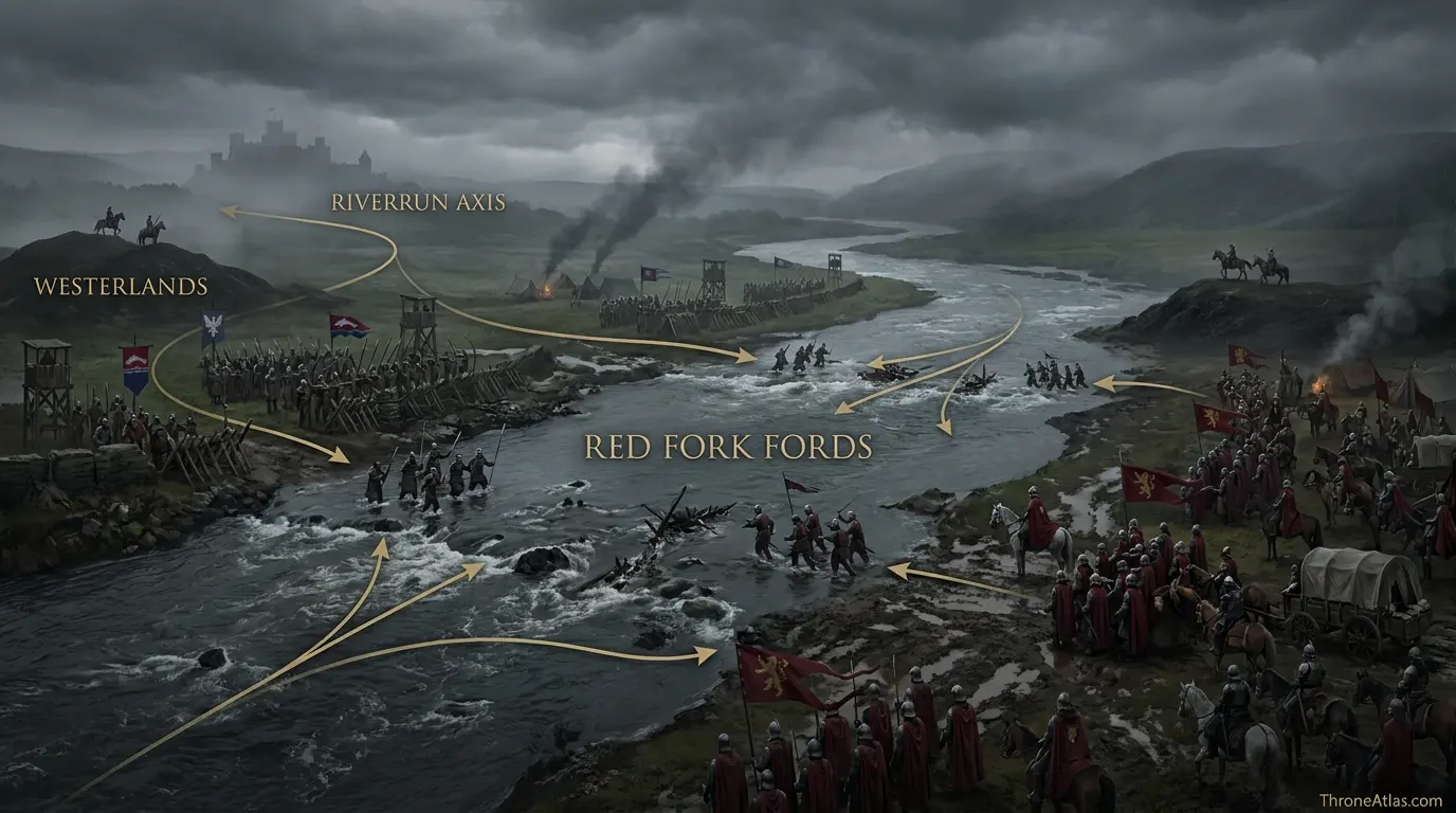 Tywin Lannister campaign atlas with Green Fork, Harrenhal, Red Fork, Blackwater headwaters and King’s Landing