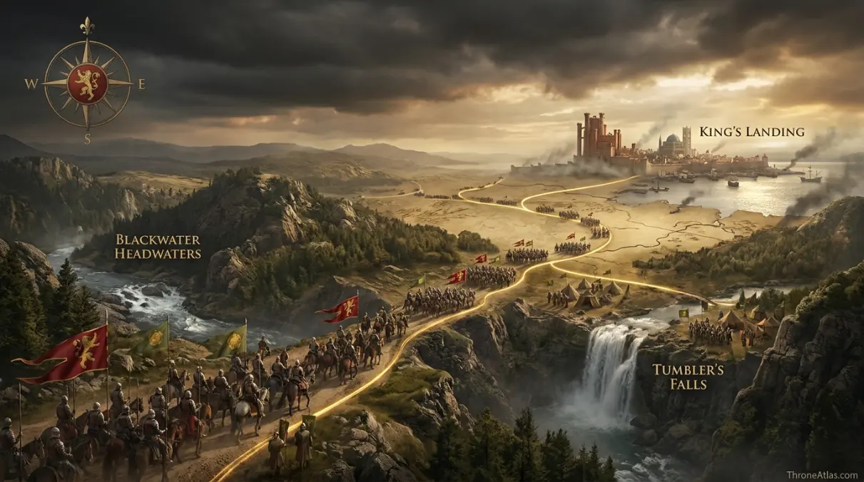 Tywin Lannister war route showing Riverlands pivots from Harrenhal and Red Fork toward King’s Landing