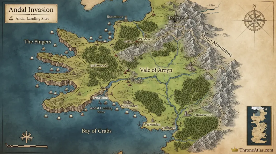 Detailed Andal invasion map with labeled locations route phases and surrounding geography