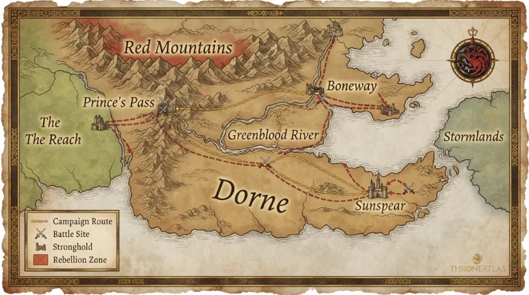 Conquest of Dorne Map overview showing major locations and geographic relationships