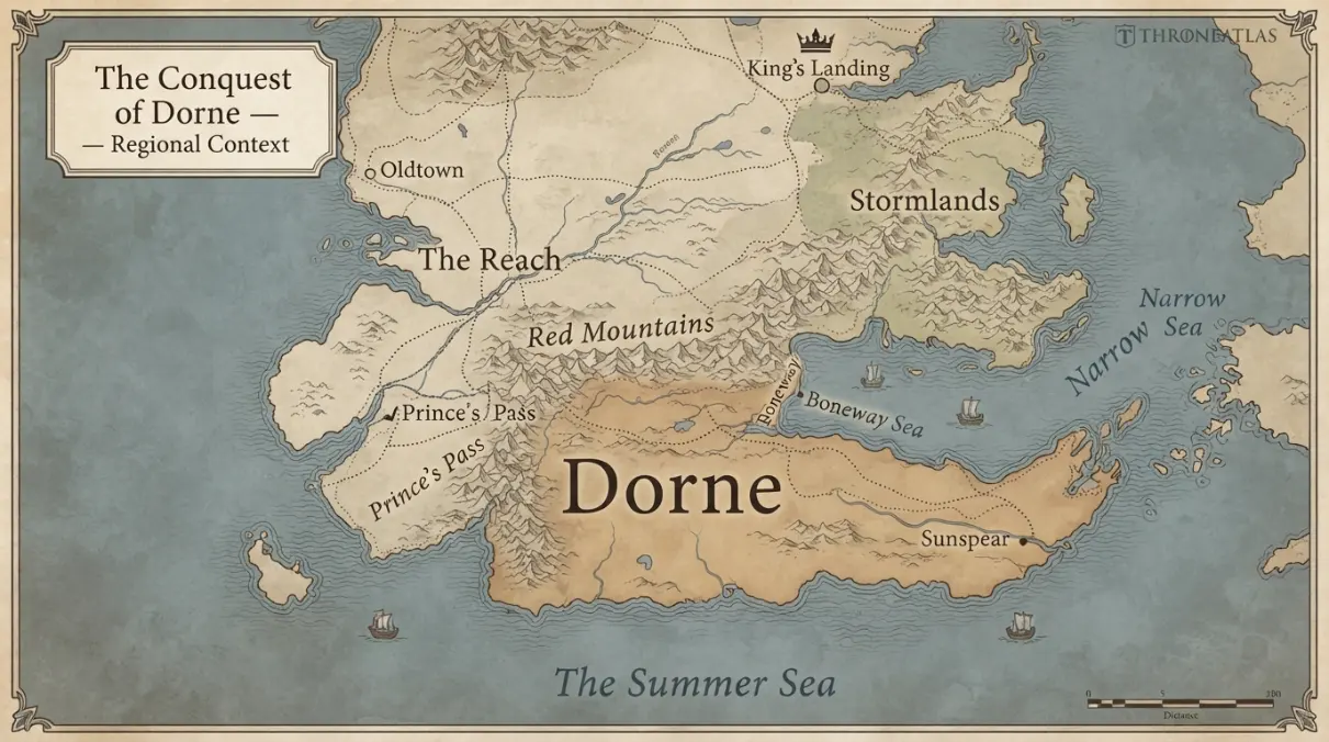 Detailed Conquest of Dorne map with labeled locations route phases and surrounding geography