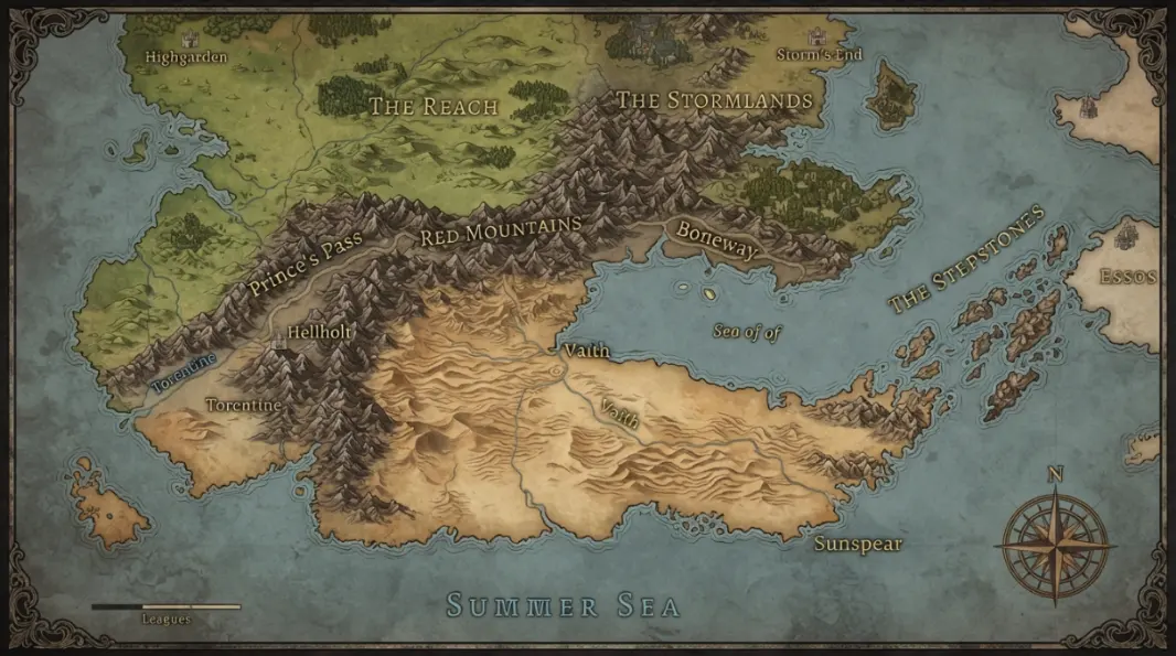 Detailed Dornish Wars map with labeled locations route phases and surrounding geography
