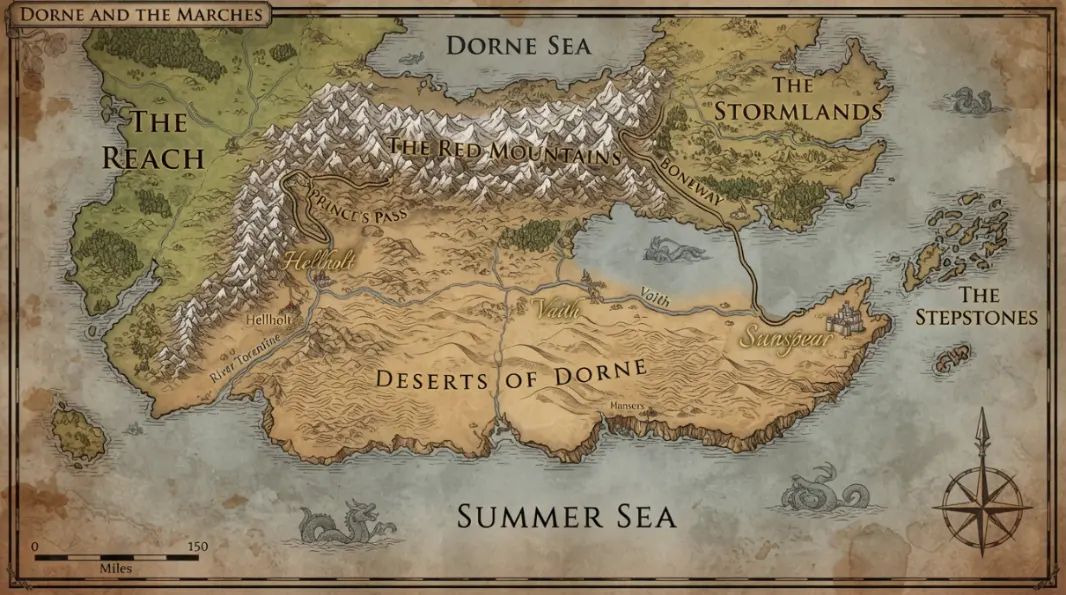 Dornish Wars Map contextual geography showing surrounding regions routes terrain and political connections