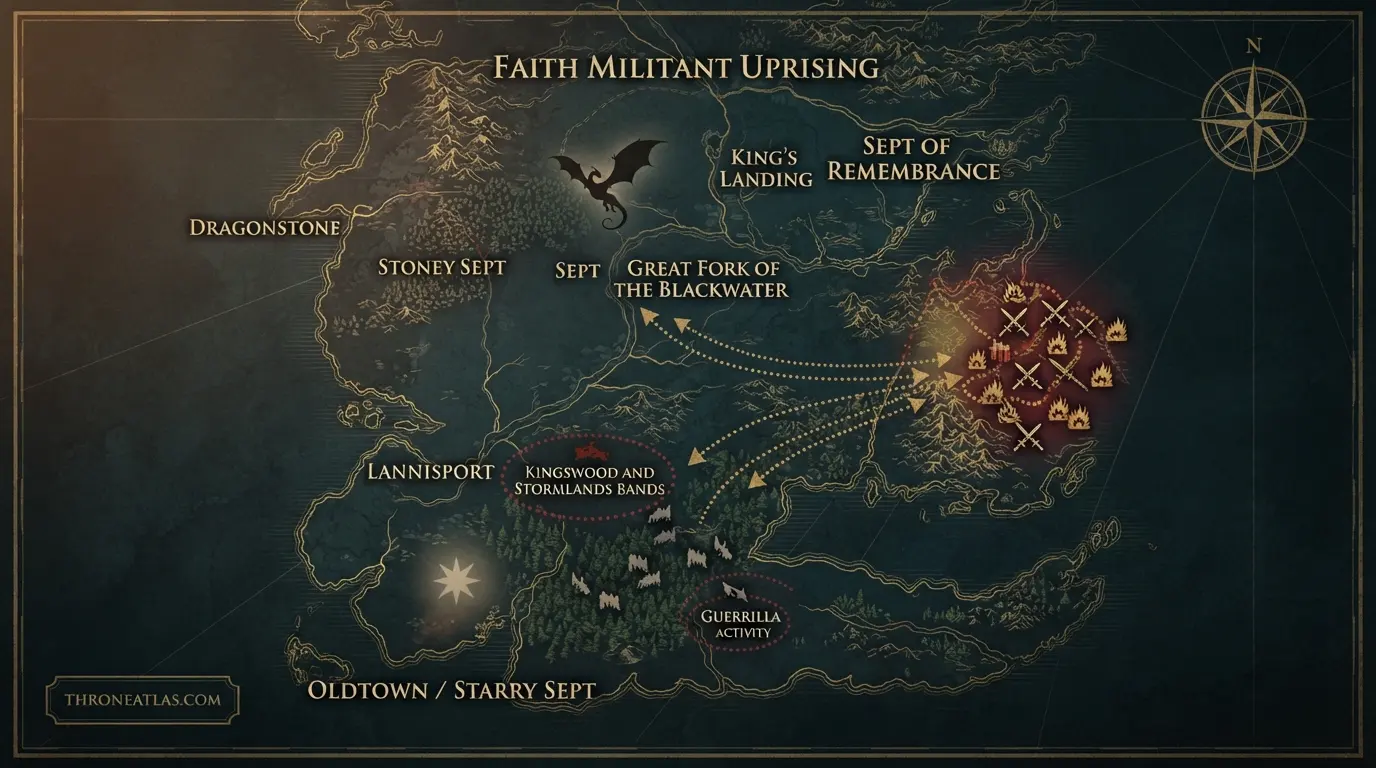 Detailed Faith Militant uprising map with labeled locations route phases and surrounding geography