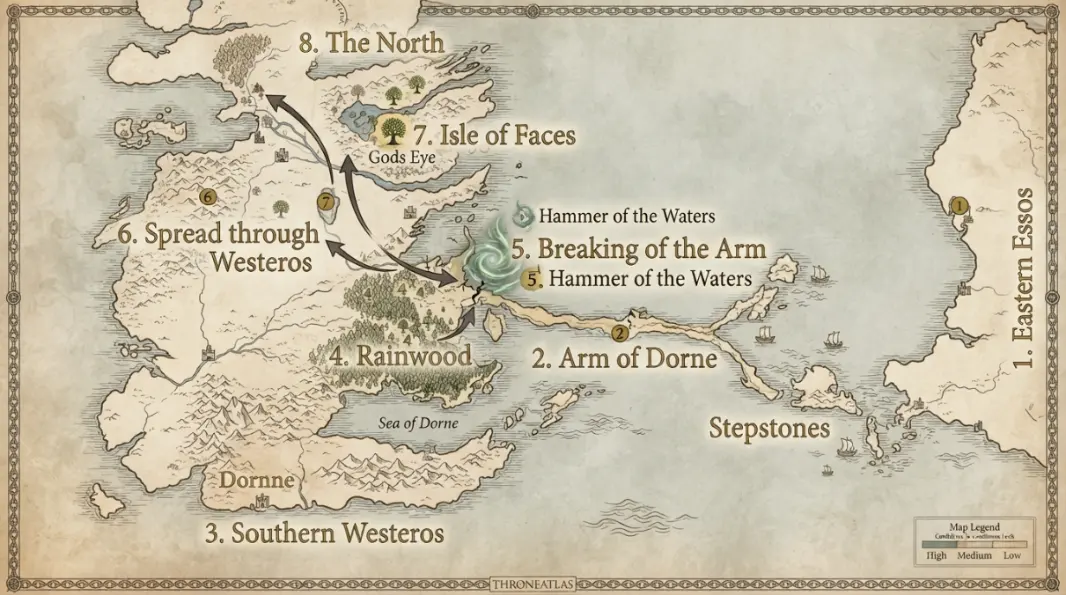 First Men Migration Map contextual geography showing surrounding regions routes terrain and political connections
