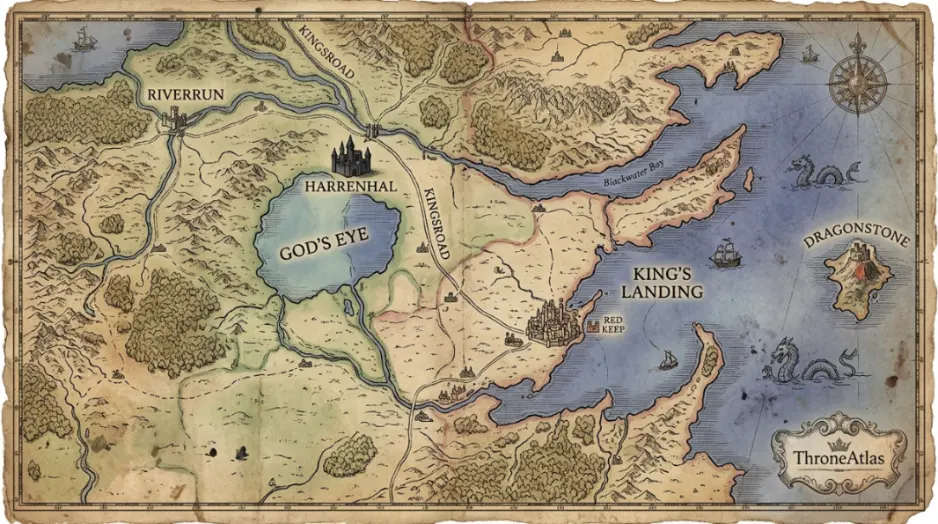 Detailed Larys Strong power map with labeled locations route phases and surrounding geography