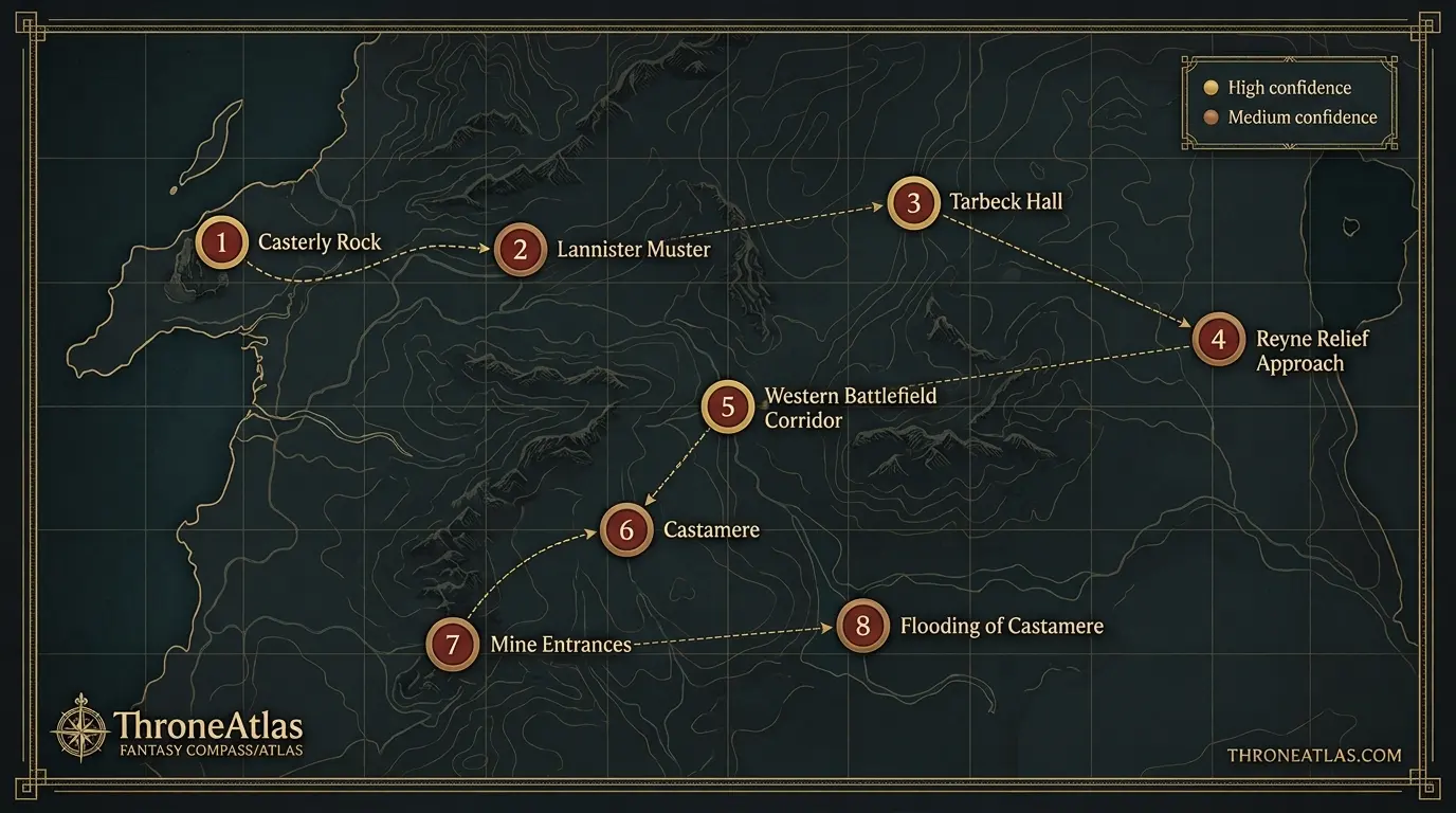 Detailed Reyne Tarbeck rebellion map with labeled locations route phases and surrounding geography
