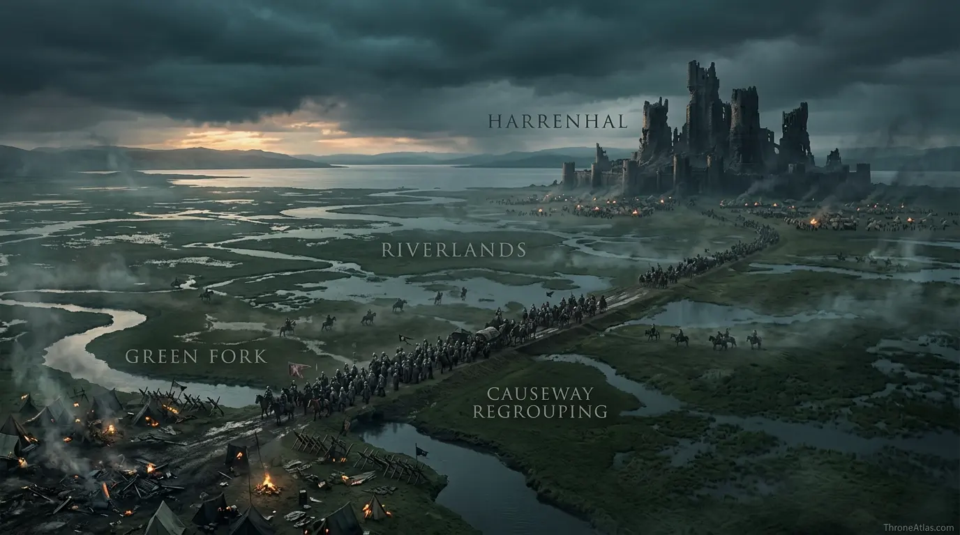 Detailed Roose Bolton campaign map with labeled route anchors and surrounding geography